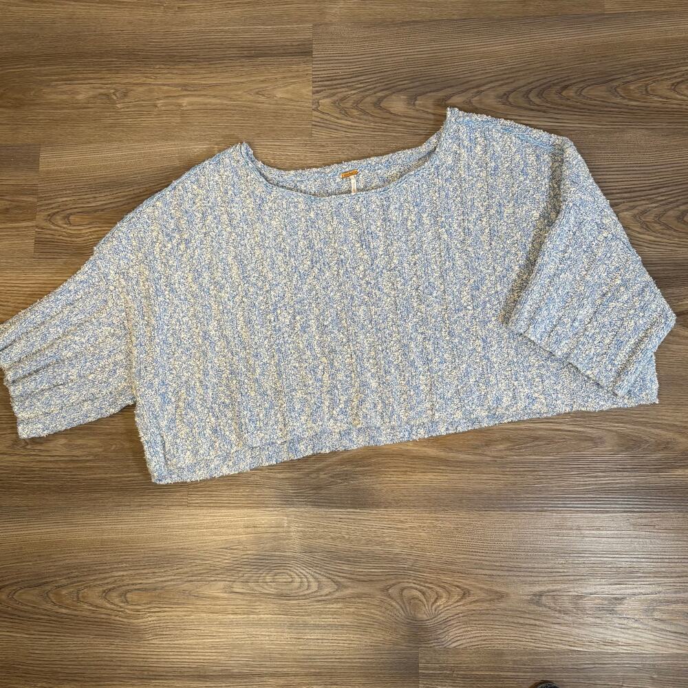 Free People Blue White Boucle Knit Oversized Pullover Sweater XS Boho